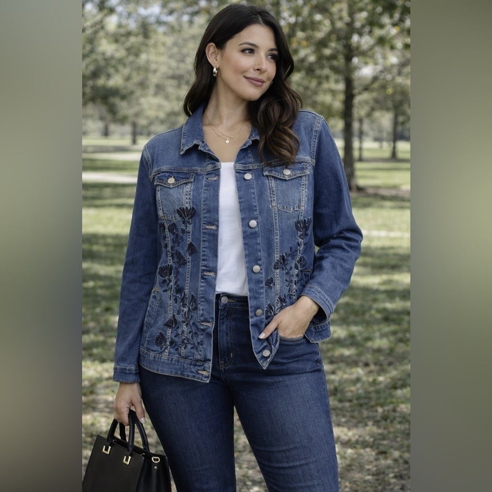 LuLaRoe Jaxon Embroidered Roses on Denim Jacket EUC XL